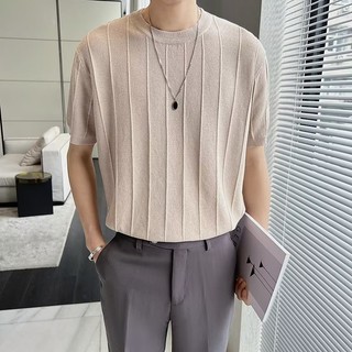 Mùa Xuân Mùa Hè Áo Thun Ngắn Tay Nam Ánh Sáng Hàn Quốc Phong Cách Trưởng Thành Băng Lụa Dệt Kim Áo Thun Ngắn Tay Cao Cấp Đơn Giản Sọc Dệt Kim Nửa Tay Rời Áo Thun