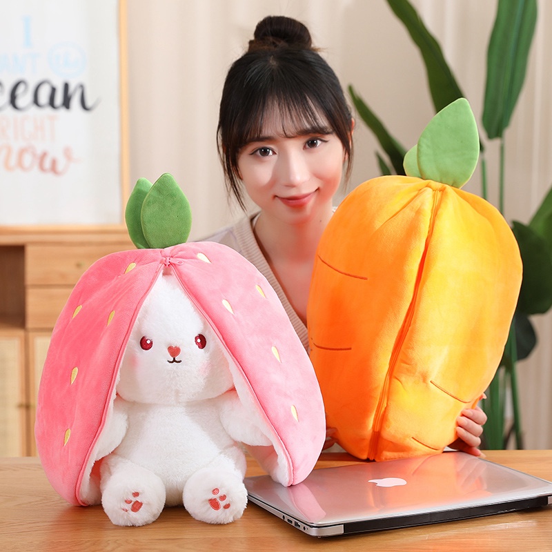 Rytanda 2 in 1 Gấu bông Thỏ Cà Rốt Thỏ trong củ cà rốt dâu tây Thỏ Plush Toy Quà sinh nhật dễ thương Rabbit plush toys