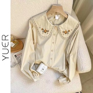 Áo Sơ Mi Cổ Bẻ Dáng Rộng Thêu Hoa Thời Trang Hàn Quốc Xinh Xắn Cho Nữ