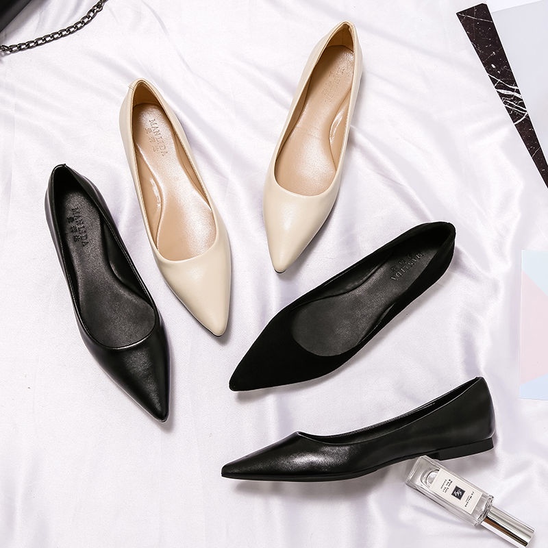 Giày Nữ Size Lớn Mũi Nhọn Đế Bằng Da Lộn Xuân Thu, Công Sở, Miệng Nông, Phù Hợp Size Nhỏ 31–33