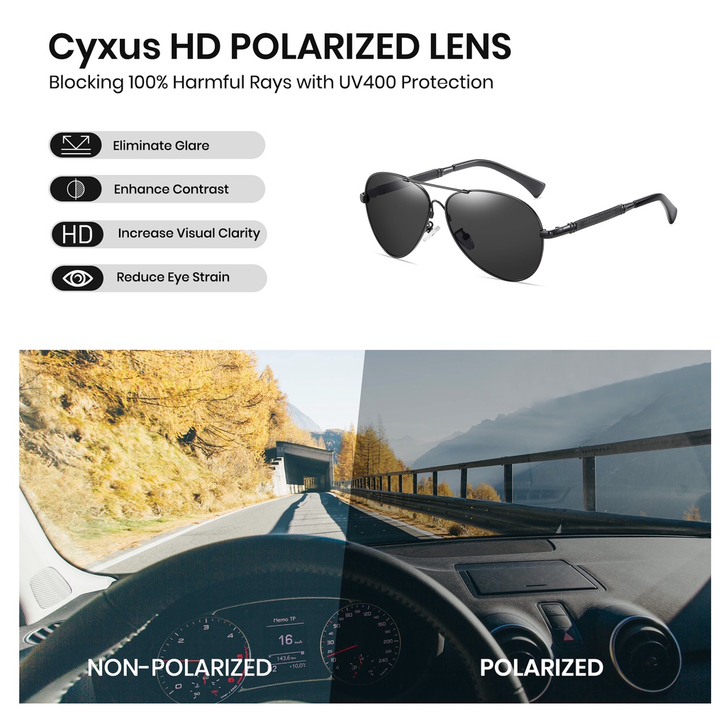 Cyxus Kính râm kiểu phi công/kính râm phân cực/chống tia UV400, được làm từ chất liệu nhẹ, phù hợp cho cả nam và nữ. Rất lý tưởng cho việc lái xe, đi bộ đường dài và tham quan 1047