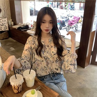 Áo Sơ Mi Voan Tay Dài In Họa Tiết Hoa Phong Cách Hàn Quốc Cho Nữ