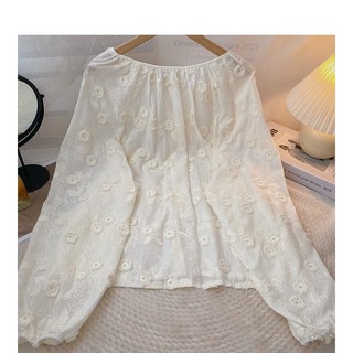 Phong Cách Hàn Quốc Nữ Nữ Rời Đèn Lồng Dài Tay Cổ Tròn Thêu Áo Sơ Mi Hoa Áo Baju Baju Wanita Lengan Panjang Hàng Mới Sẵn Có