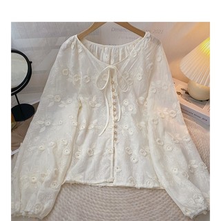 Phong Cách Hàn Quốc Nữ Nữ Rời Đèn Lồng Dài Tay Cổ Tròn Thêu Áo Sơ Mi Hoa Áo Baju Baju Wanita Lengan Panjang Hàng Mới Sẵn Có