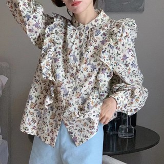 Áo Sơ Mi Tay Dài Cổ Đứng Dáng Rộng In Hoa Phối Bèo Kiểu Hàn Quốc Thời Trang