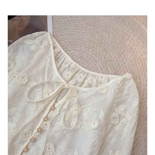 Phong Cách Hàn Quốc Nữ Nữ Rời Đèn Lồng Dài Tay Cổ Tròn Thêu Áo Sơ Mi Hoa Áo Baju Baju Wanita Lengan Panjang Hàng Mới Sẵn Có