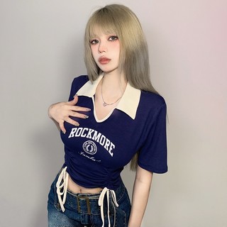 ZHELIHANGFEI Áo Croptop Tay Ngắn Cổ Polo Phối Dây Rút Thiết Kế Quyến Rũ Cho Nữ