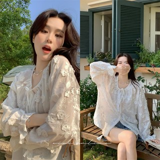 Phong Cách Hàn Quốc Nữ Nữ Rời Đèn Lồng Dài Tay Cổ Tròn Thêu Áo Sơ Mi Hoa Áo Baju Baju Wanita Lengan Panjang Hàng Mới Sẵn Có