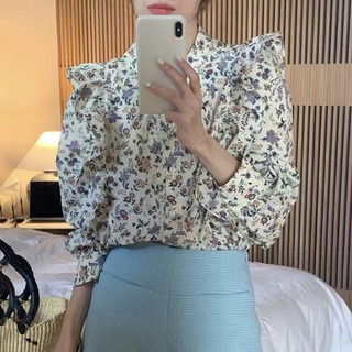Áo Sơ Mi Tay Dài Cổ Đứng Dáng Rộng In Hoa Phối Bèo Kiểu Hàn Quốc Thời Trang