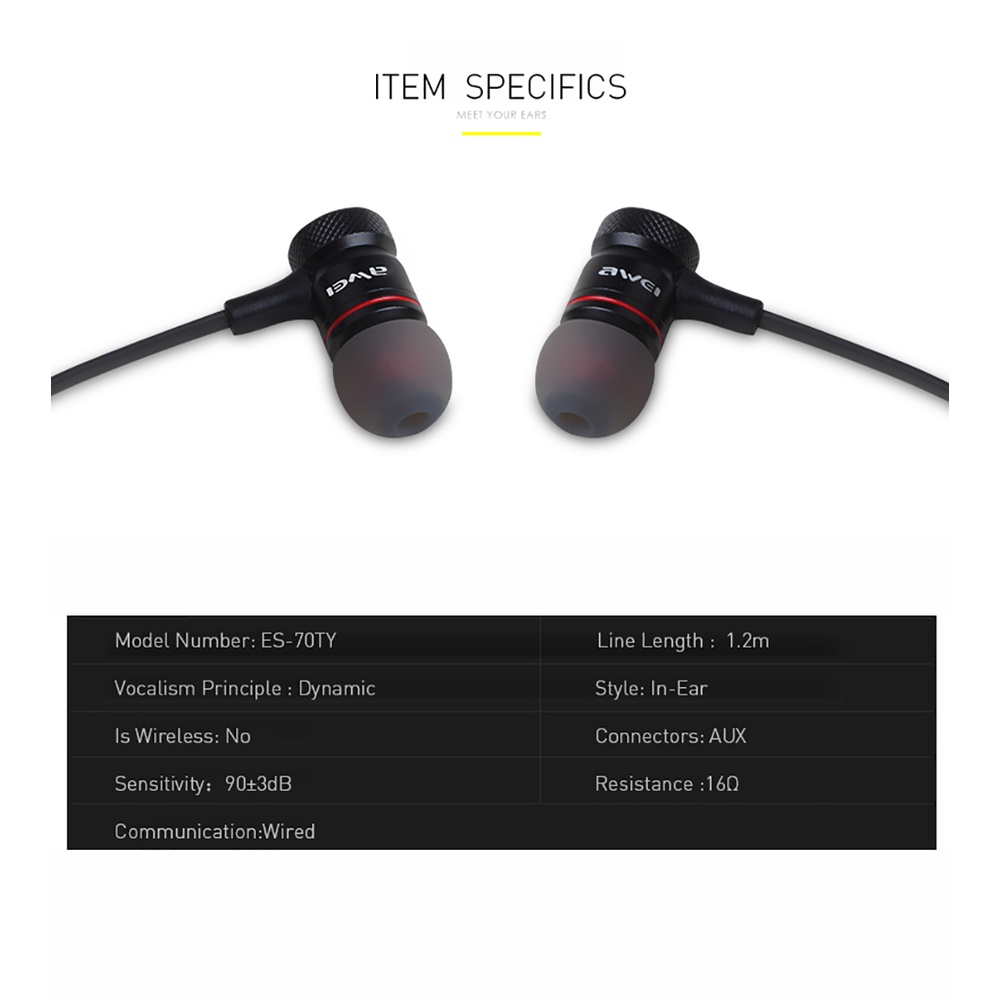 Ảnh Tai nghe có dây AWEI ES-70TY chân 3.5mm Nhét Tai Âm Thanh Siêu Trầm Có Mic 2