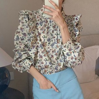 Áo Sơ Mi Tay Dài Cổ Đứng Dáng Rộng In Hoa Phối Bèo Kiểu Hàn Quốc Thời Trang