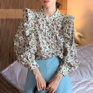 Áo Sơ Mi Tay Dài Cổ Đứng Dáng Rộng In Hoa Phối Bèo Kiểu Hàn Quốc Thời Trang