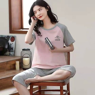 M-5XL Plus Size Nữ Tay Ngắn Crop Quần Cổ Tròn In Hình Hoạt Hình Pyjama 2 Bộ