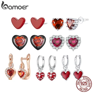 Bamoer Hoa Tai bạc 925 Hình Trái Tim Đỏ Cho Nữ