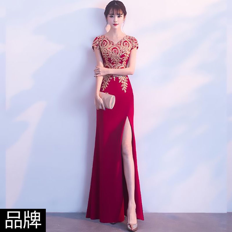 Thời trang của phụ nữ váy dự tiệc bầu không khí duyên dáng chủ nhà dài váy đuôi cá e váy dài của phụ nữ tiệc thời trang thanh lịch trang nghiêm bầu không khí chủ nhà dài xẻ đuôi cá váy dạ hội váy 8.12