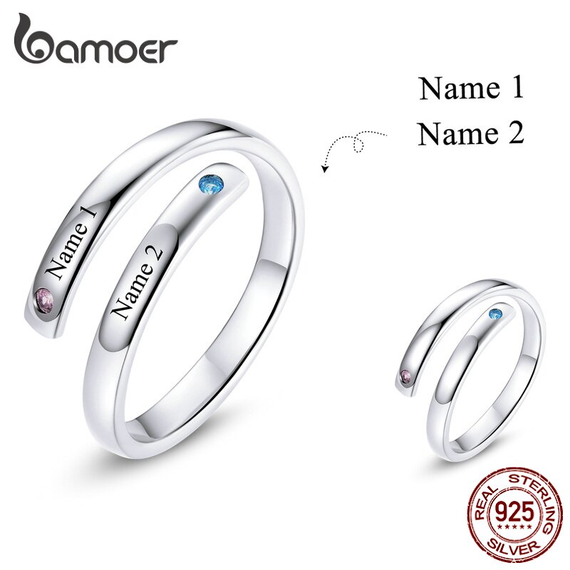 Nhẫn BAMOER SCR747 bạc 925 kích thước điều chỉnh được khắc tên tùy chọn DIY làm quà tặng sinh nhật dành cho nữ