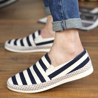 男士帆布鞋Một người lười biếng không buộc dây giày cho một ngày và thủy triều giày vải sọc nam giày bệ懒人鞋 一脚蹬天潮男士不系带平板鞋 休闲鞋子条纹帆布鞋
