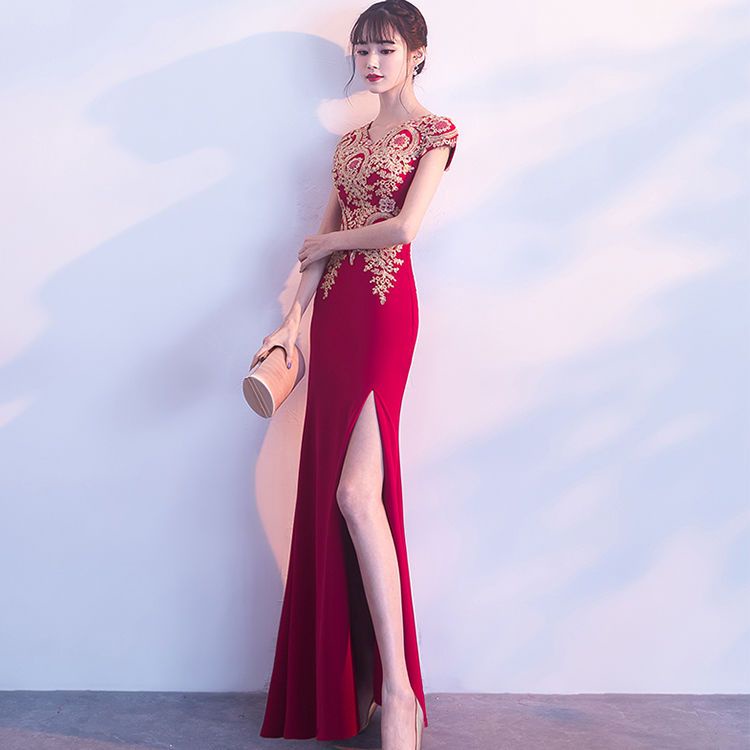 Thời trang của phụ nữ váy dự tiệc bầu không khí duyên dáng chủ nhà dài váy đuôi cá e váy dài của phụ nữ tiệc thời trang thanh lịch trang nghiêm bầu không khí chủ nhà dài xẻ đuôi cá váy dạ hội váy 8.12