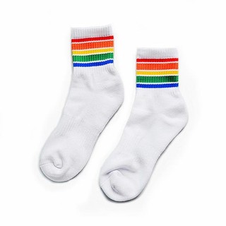 Tất Thể Thao Sọc Cầu Vồng Khăn Cotton Nguyên Chất Đáy Dày Giữa Ống Tất Nam Hút Mồ Hôi Deo