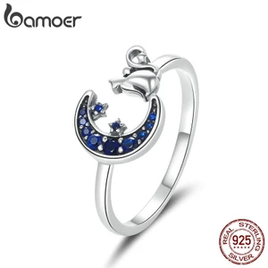 Nhẫn bamoer SCR677 bằng bạc 925 thật thiết kế hình mặt trăng và mèo xinh xắn có thể điều chỉnh cho nữ