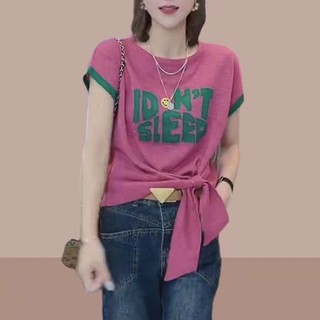Áo Thun Mùa Hè 2023 Nữ Thời Trang Khâu Tay Ngắn In Chữ Top Sang Trọng Phối Ren Đáy Áo Sơ Mi Nữ