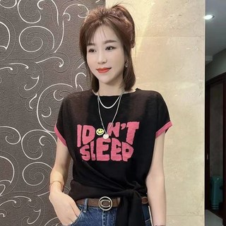 Áo Thun Mùa Hè 2023 Nữ Thời Trang Khâu Tay Ngắn In Chữ Top Sang Trọng Phối Ren Đáy Áo Sơ Mi Nữ