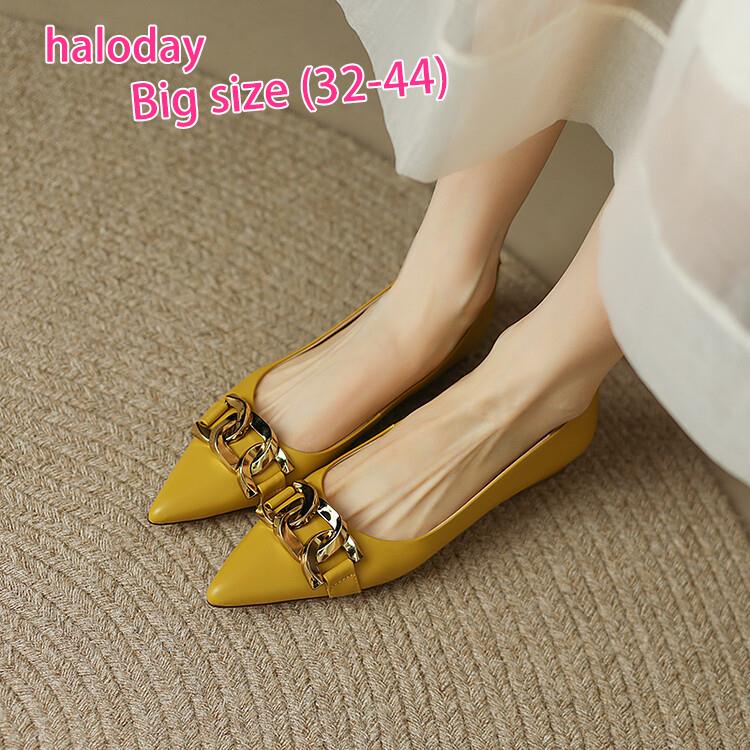 Giày Nữ Size Lớn 32-44✨Đầu Xuân Pháp Dây Xích Kim Loại Mũi Nhọn Bơm Nữ Thời Trang Phù Hợp Với Giày Đế Bằng Size Lớn 41