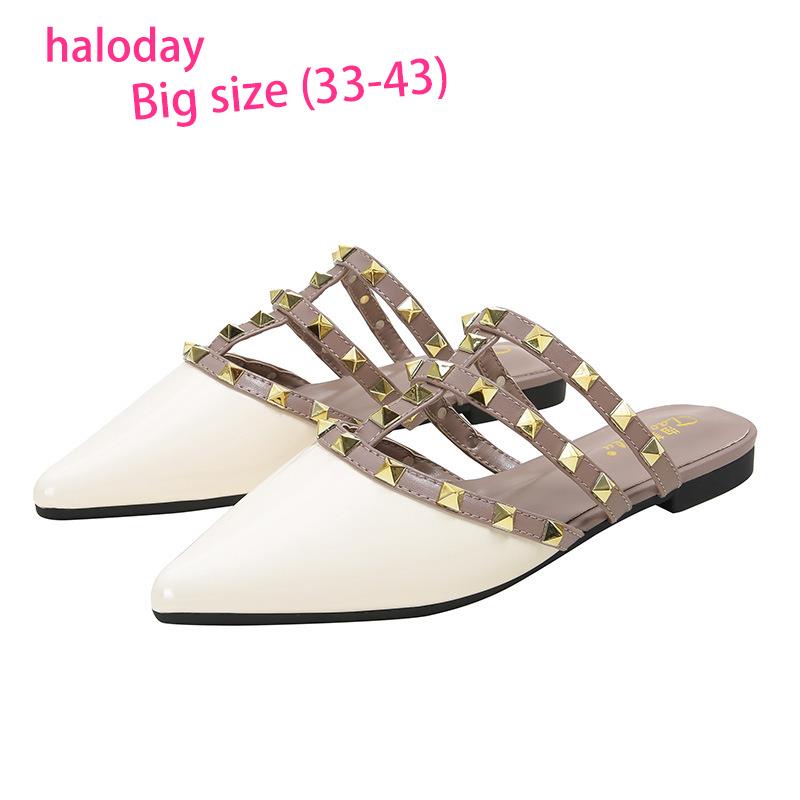 Giày Nữ Size Lớn 33-43✨Size Lớn Dép Đế Bằng Nữ Mùa Hè Baotou Nửa Dép Tính Khí Giày Nữ Đinh Tán Mũi Nhọn Dép Bên Ngoài Mặc Đinh Tán Giày
