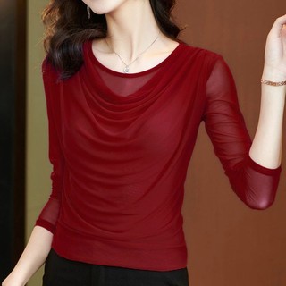 Lưới Top Nữ Tay Dài 2023 Thu Đông Đáy Áo Sơ Mi Phù Hợp Với Cổ Cọc Áo Thun Bao Bụng Top
