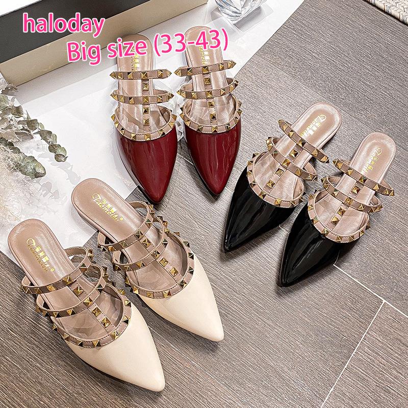 Giày Nữ Size Lớn 33-43✨Size Lớn Dép Đế Bằng Nữ Mùa Hè Baotou Nửa Dép Tính Khí Giày Nữ Đinh Tán Mũi Nhọn Dép Bên Ngoài Mặc Đinh Tán Giày