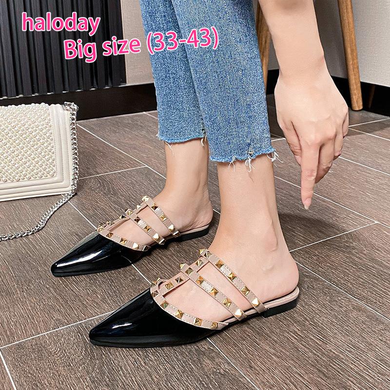 Giày Nữ Size Lớn 33-43✨Size Lớn Dép Đế Bằng Nữ Mùa Hè Baotou Nửa Dép Tính Khí Giày Nữ Đinh Tán Mũi Nhọn Dép Bên Ngoài Mặc Đinh Tán Giày
