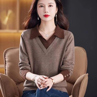 Giả Hai Mảnh Khâu Dệt Kim Đáy Áo Sơ Mi Nữ Xuân Thu 2023 Ve Áo Rời Size Lớn Áo Len Nữ Thời Trang