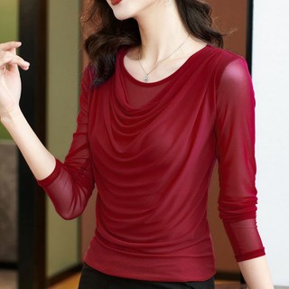 Lưới Top Nữ Tay Dài 2023 Thu Đông Đáy Áo Sơ Mi Phù Hợp Với Cổ Cọc Áo Thun Bao Bụng Top