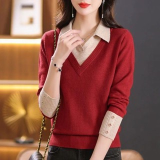 Giả Hai Mảnh Khâu Dệt Kim Đáy Áo Sơ Mi Nữ Xuân Thu 2023 Ve Áo Rời Size Lớn Áo Len Nữ Thời Trang