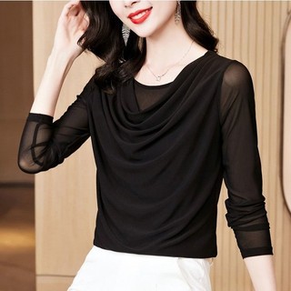 Lưới Top Nữ Tay Dài 2023 Thu Đông Đáy Áo Sơ Mi Phù Hợp Với Cổ Cọc Áo Thun Bao Bụng Top
