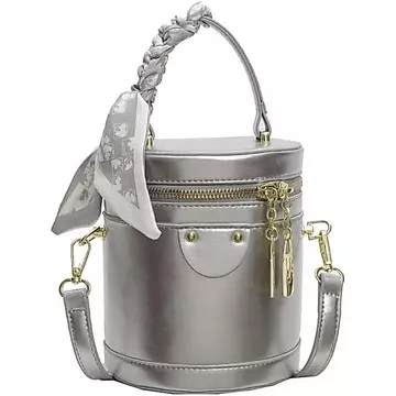 Túi đeo chéo Mini Bucket dành cho nữ Da thuần chay Vai tròn nhỏ Tay cầm tròn Túi xách Ví Túi xách tinh tế có dây buộc lụa (Bạc) 9RMJ