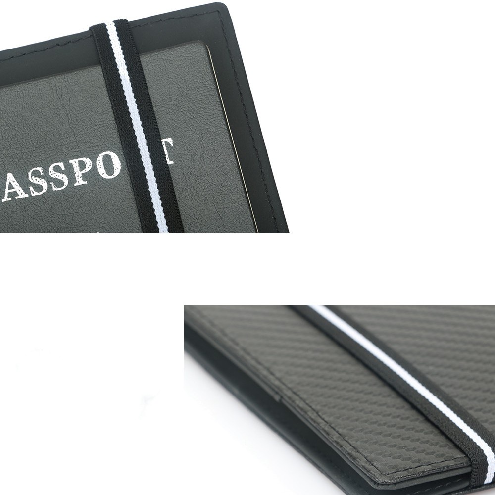 Carbon Fiber Microfiber RFID Passport Cover Leather Elastic Band Travel