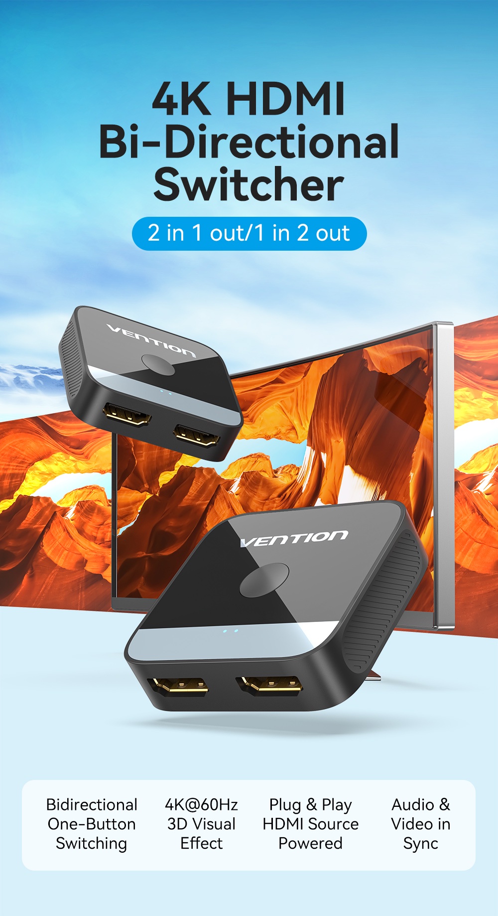 Vention Bộ Chia HDMI 2.0 1 Vào 2 Ra 4K@60Hz | Hỗ Trợ HDR & Âm Thanh 3D ...