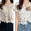 Woke Nữ Phong Cách Pháp Tay Ngắn Ren Shrug Rỗng Ra Móc Đan Bolero Cardigan Cổ Chữ V Nút Xuống Sheer Crop fo