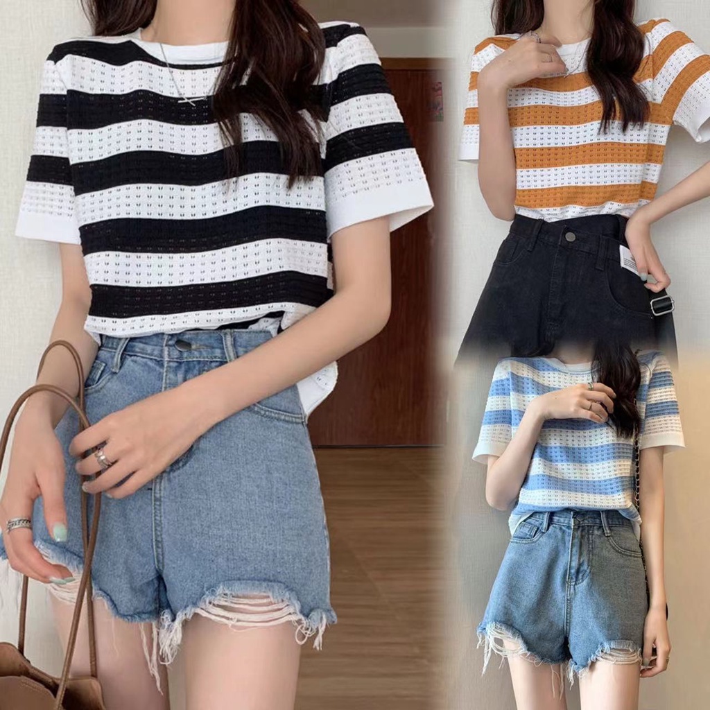 Giảm giá lớn - Áo len ngắn tay mẫu rộng sọc rỗng chất lượng cao thời trang cho phụ nữ