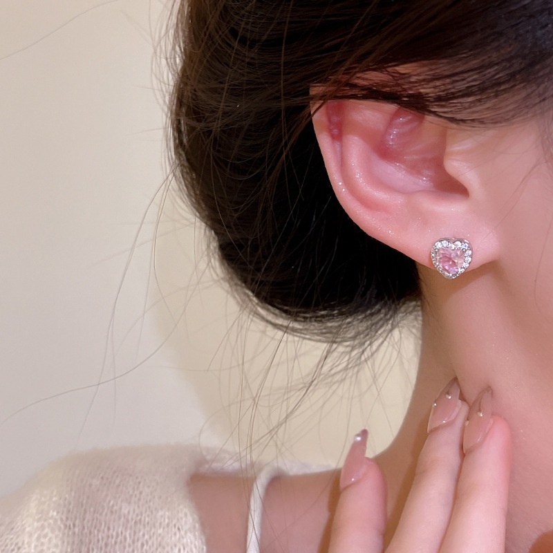 Bông Tai Mạ Bạc 925 Hình Trái Tim Đính Đá Zircon Hồng Sang Trọng