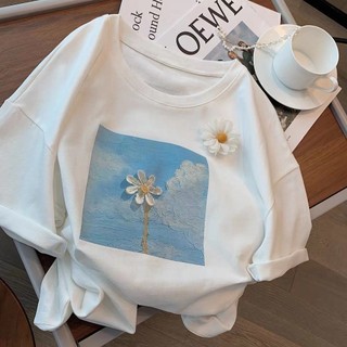 Áo Thun Cotton Trắng Tay Ngắn Dáng Rộng In Họa Tiết Tranh Sơn Dầu Ba Chiều Phong Cách Hàn Quốc Thời Trang Mùa Hè Mới Cho Nữ