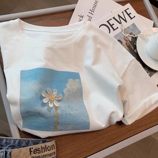 Áo Thun Cotton Trắng Tay Ngắn Dáng Rộng In Họa Tiết Tranh Sơn Dầu Ba Chiều Phong Cách Hàn Quốc Thời Trang Mùa Hè Mới Cho Nữ