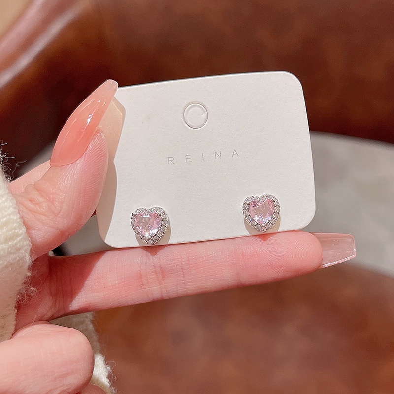 Bông Tai Mạ Bạc 925 Hình Trái Tim Đính Đá Zircon Hồng Sang Trọng
