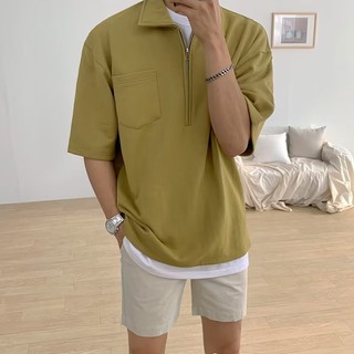Hàn Quốc Dạo Phố Nửa Dây Kéo Áo Sơ Mi POLO Nam Mùa Hè Ve Áo Thun