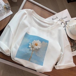 Áo Thun Cotton Trắng Tay Ngắn Dáng Rộng In Họa Tiết Tranh Sơn Dầu Ba Chiều Phong Cách Hàn Quốc Thời Trang Mùa Hè Mới Cho Nữ