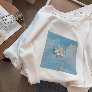 Áo Thun Cotton Trắng Tay Ngắn Dáng Rộng In Họa Tiết Tranh Sơn Dầu Ba Chiều Phong Cách Hàn Quốc Thời Trang Mùa Hè Mới Cho Nữ