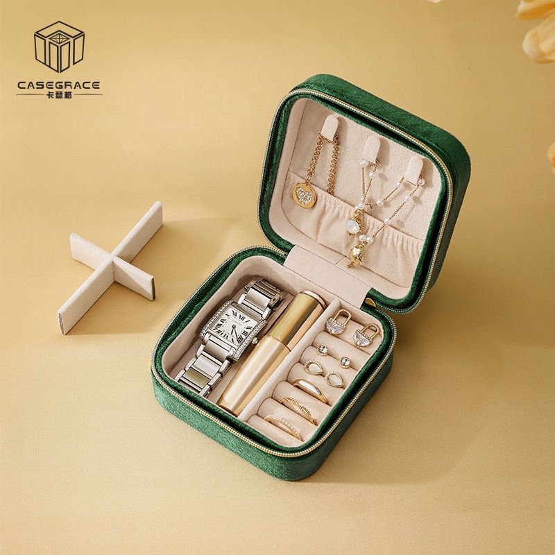 Hộp Đựng Trang Sức Du Lịch Cỡ Nhỏ Màu Ngọc Lục Bảo Chất Liệu Nhung Sang Trọng Tiện Dụng Cho Nữ