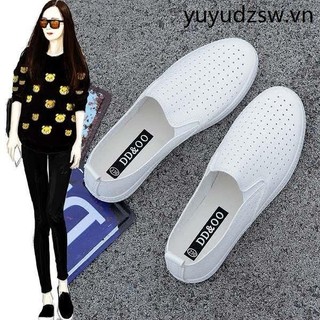 Giày lười da nữ slip-on trắng phong cách Hàn Quốc, thoáng khí, phù hợp mùa hè, thể thao thường ngày