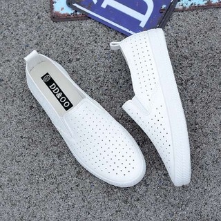 Giày lười da nữ slip-on trắng phong cách Hàn Quốc, thoáng khí, phù hợp mùa hè, thể thao thường ngày